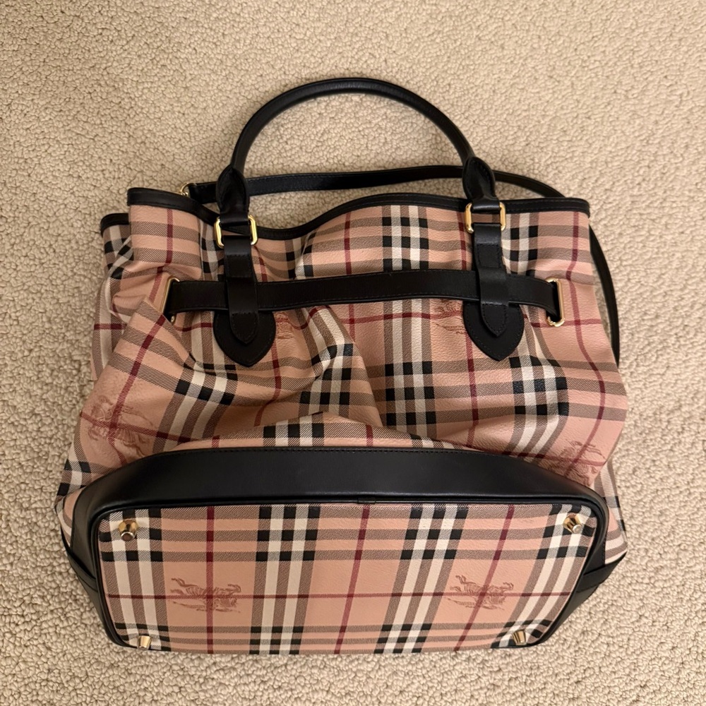 BURBERRY Haymarket Check Coated Canvas Medium Goldtone Tote Bag - Picture 9 of 16